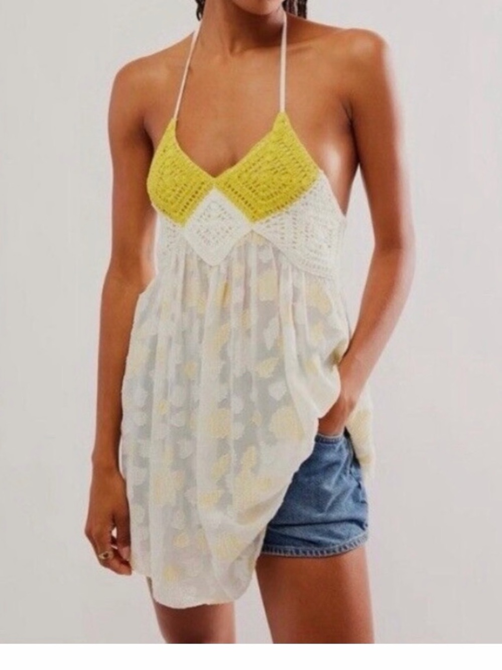 NWOT Free People YellowBell Halter Tunic Top Yellow Combo Size Medium